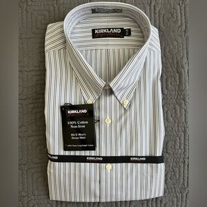 Kirkland Signature Men's White, Blue and Gray Striped Dress Shirt